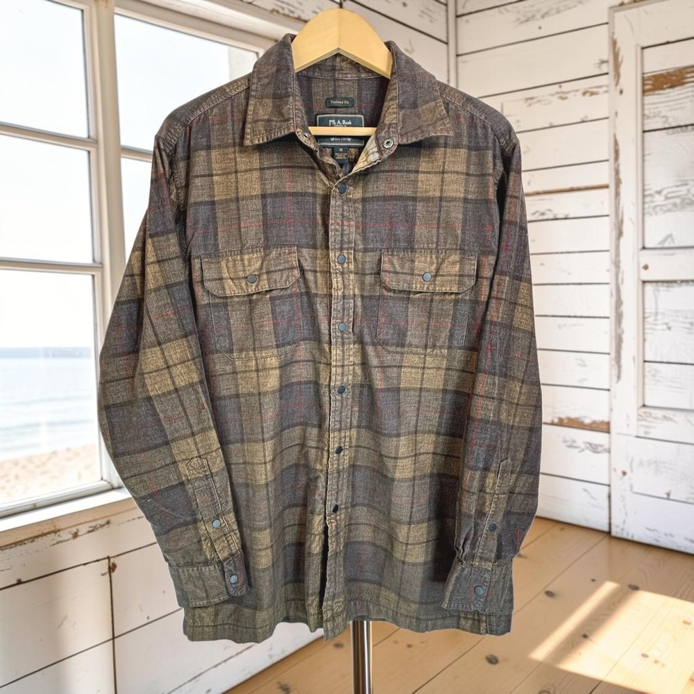 Plaid Corduroy Shirt Jos. A. Bank Reserve M Brown 100% Cotton Tailored Fit Snap
